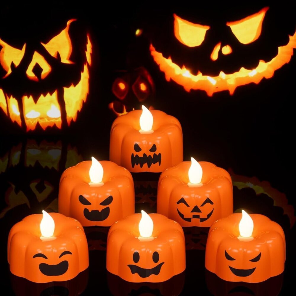 Halloween Pumpkin Flameless Candles Lights with 6H Timer, 6 Pcs LED Flickering T